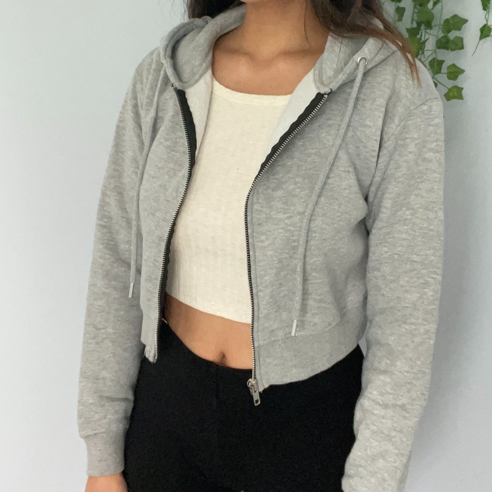 Cropped Grey Zip-Up Hoodie
